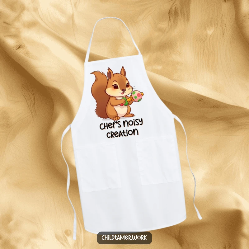 Funny squirrel rattle apron showing a determined character holding a miniature, colorful rattle, ideal for cooking.
