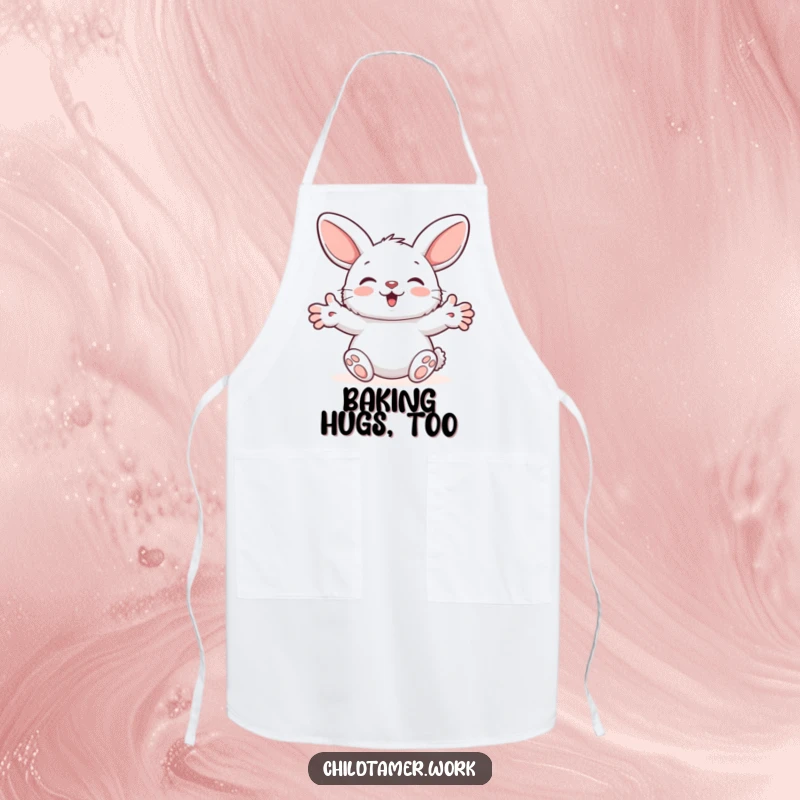 Funny Apron illustrated with a fluffy bunny character extending its paws in a humorous, comforting hug, perfect for kitchen fun.