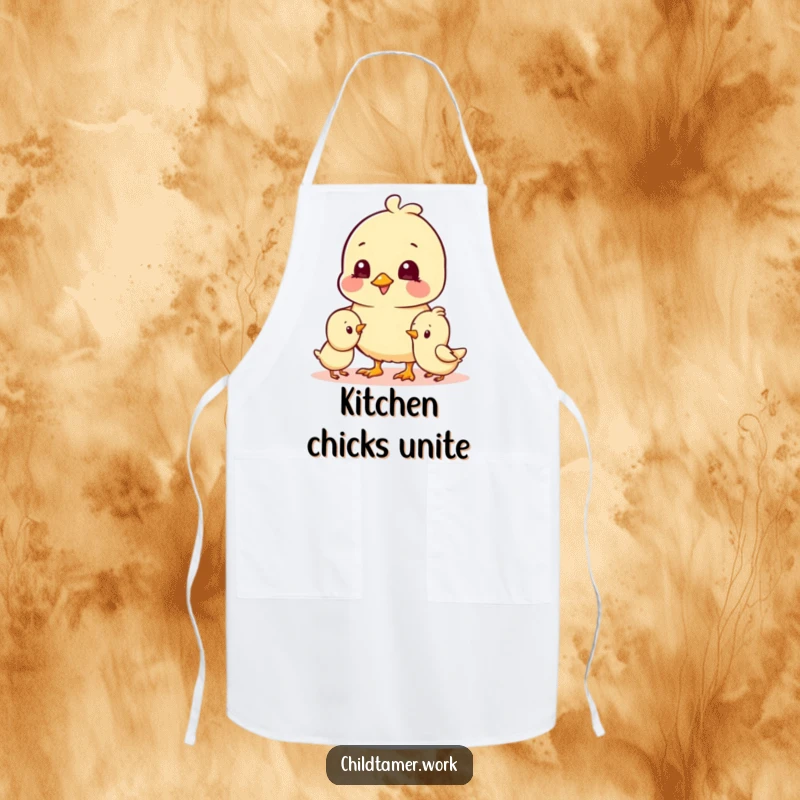 Funny Apron illustrated with cheerful chick characters playing, humorously adding a touch of fun and joy to kitchen activities.