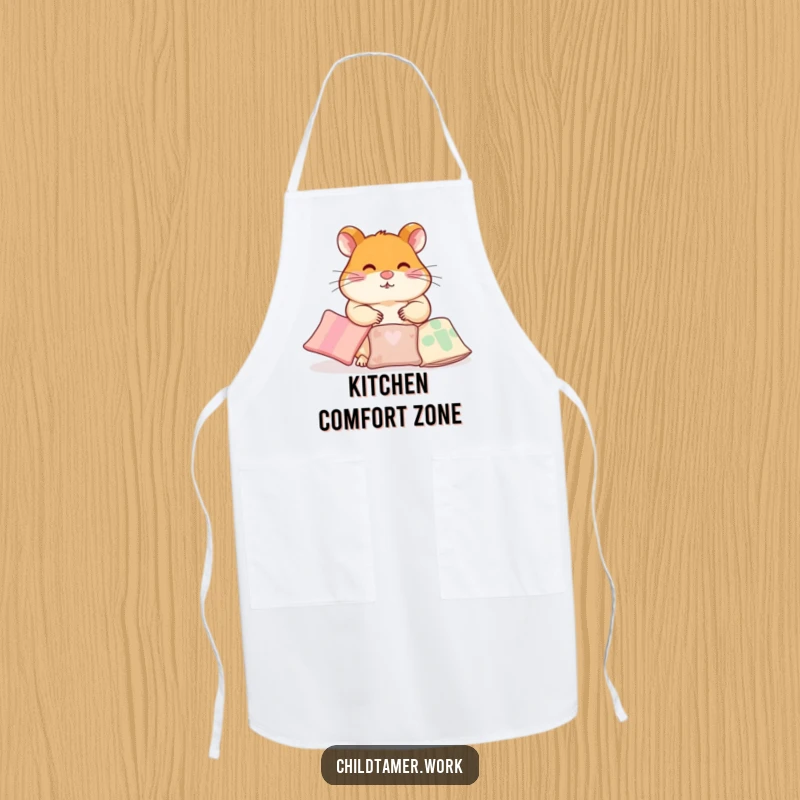 Funny Apron illustrated with a diligent hamster character humorously arranging small pillows, perfect for organized and cheerful cooking.