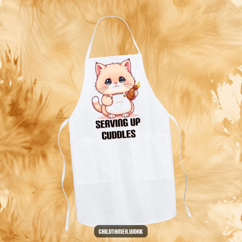 Funny cat apron showing a fluffy kitten wearing a tiny apron and holding a warm bottle, ideal for cooking.