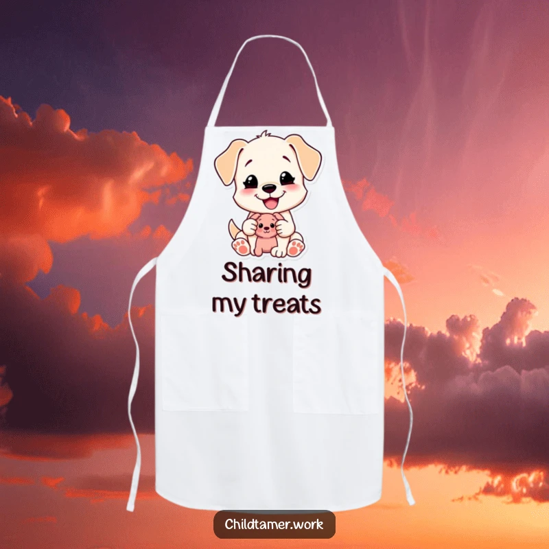 Funny Puppy Apron: a content puppy character happily shares a small toy while cooking. Fun kitchen wear for a funny gift.