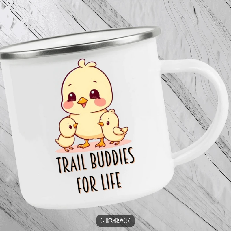 Funny Camping Mug with cheerful chick characters playing together, humorously adding joy and fun to outdoor hydration.