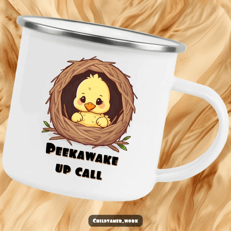 Funny duckling peeking from a nest on a tough camping mug, ideal for adventures.