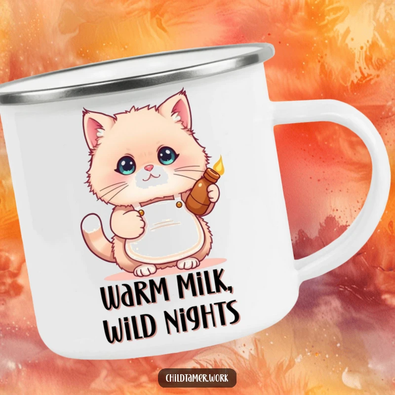 Funny cat apron camping mug showing a fluffy kitten wearing a small apron and holding a warm bottle, for outdoor use.