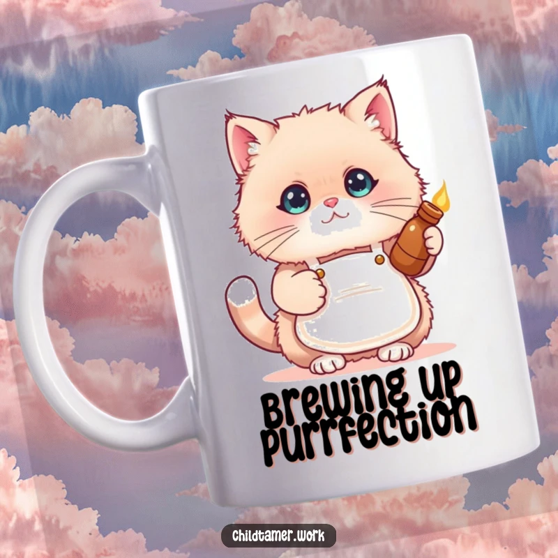 Funny cat apron mug showing a fluffy kitten wearing a tiny apron, tenderly holding a warm bottle.