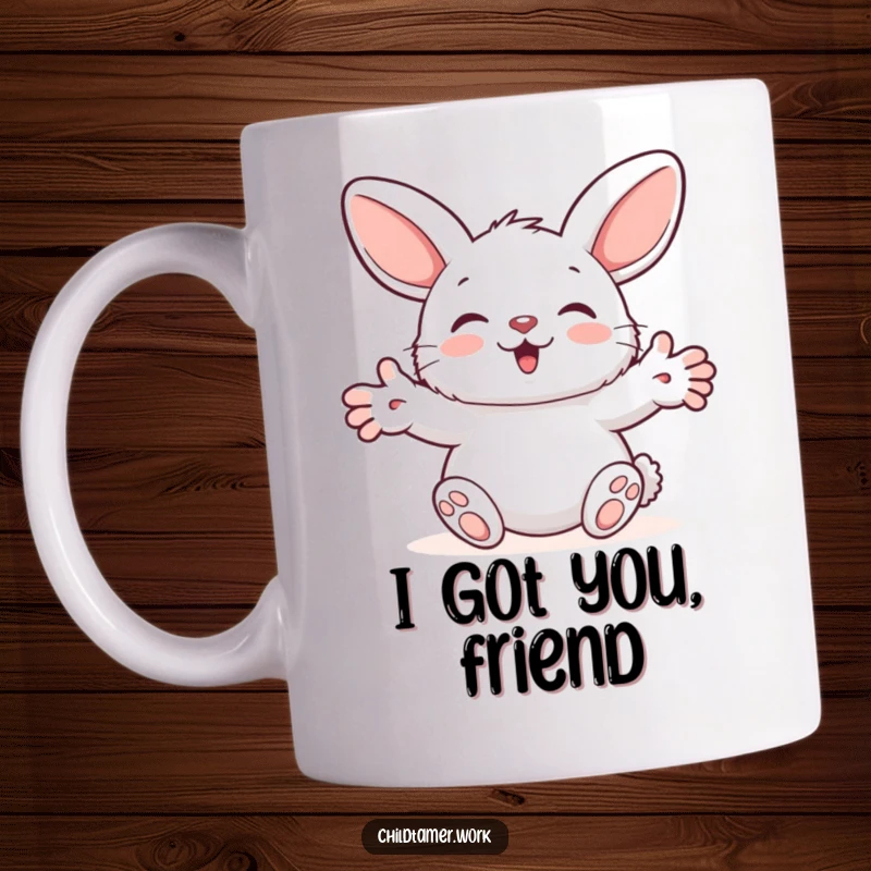 Funny Mug featuring a fluffy bunny character with open paws stretched out, offering a gentle and humorous hug of reassurance.