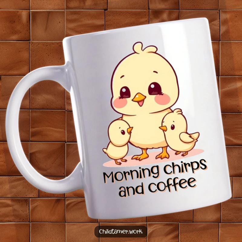 Funny Mug depicting a cheerful chick character playing playfully near a smaller chick, radiating happiness and innocent fun.