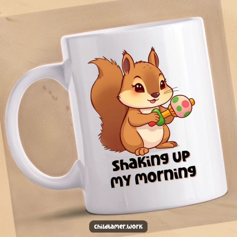 Funny squirrel rattle mug showing a determined character holding a miniature, colorful rattle with focus.
