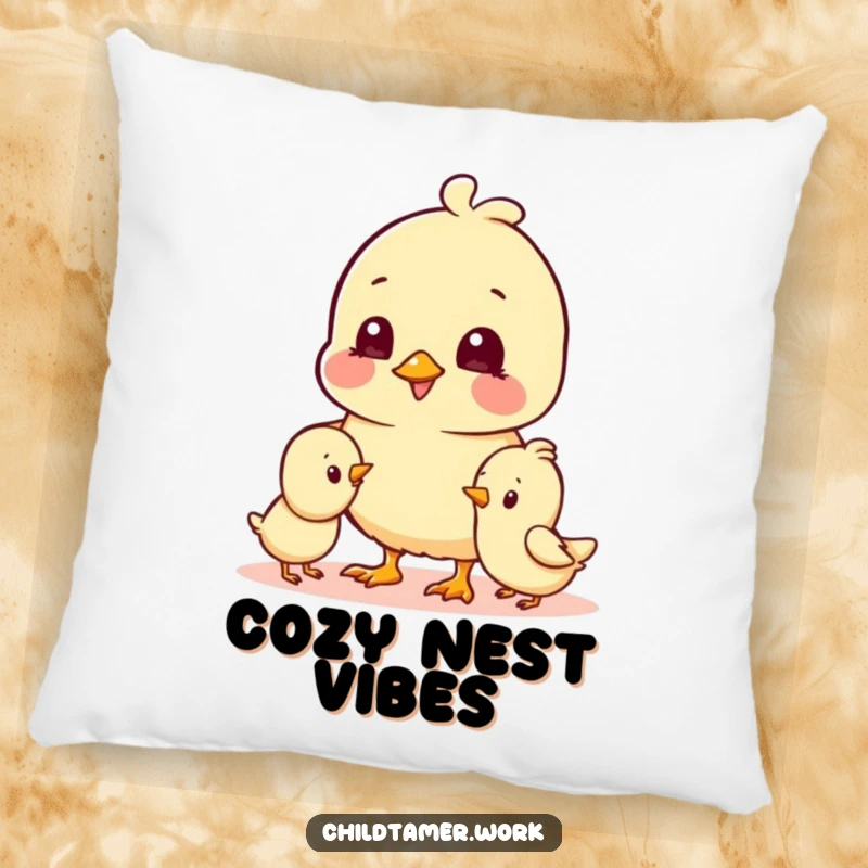Funny Pillow designed with cheerful chick characters playing together, humorously offering soft comfort and a delightful dose of joy.