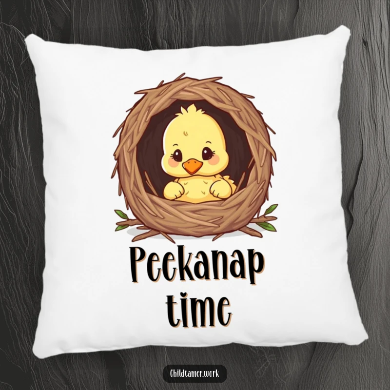 Funny duckling peeking from a nest on a soft pillow, cute and comforting home decor accent.