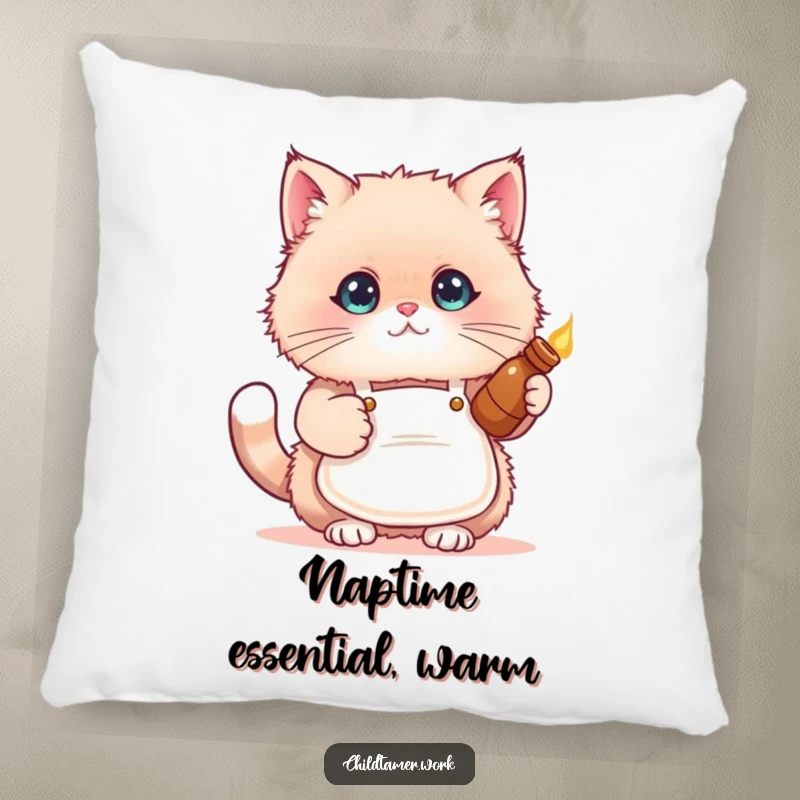 Funny cat apron pillow featuring a fluffy kitten wearing a small apron and holding a warm bottle.