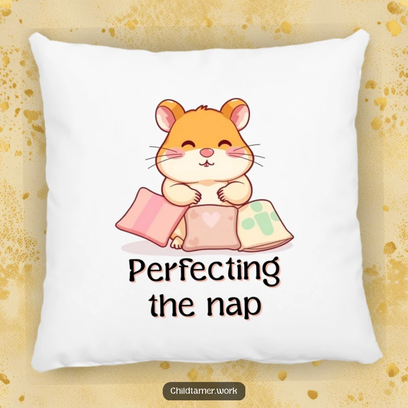 Funny Pillow designed with a diligent hamster character humorously arranging small pillows, offering soft comfort and a touch of order.