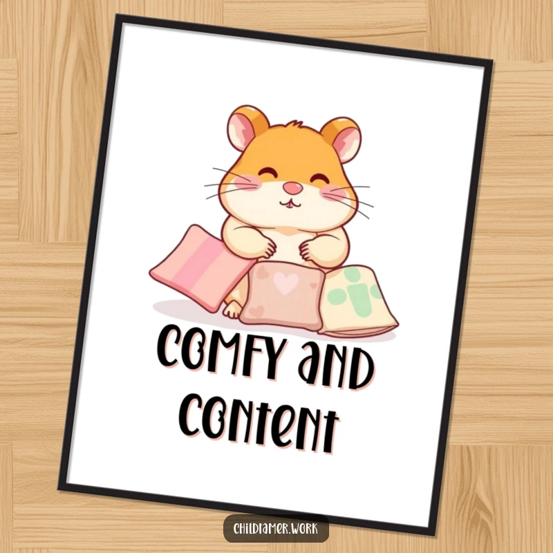 Funny Digital Art Print of a diligent hamster character humorously arranging small pillows, perfect for displaying cozy order.