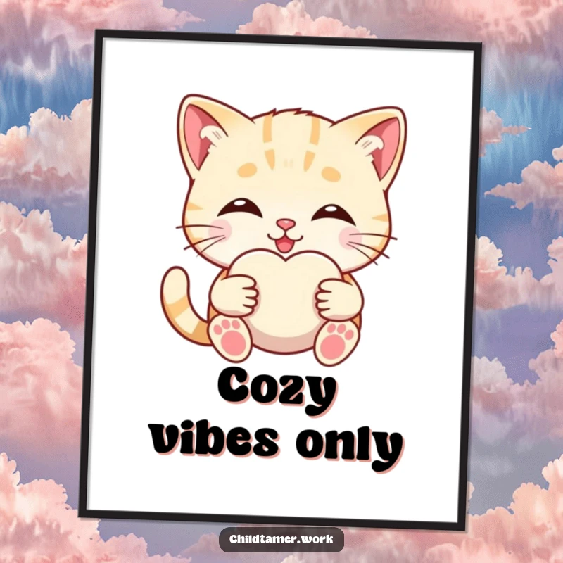 Funny smiling kitten offering a soft comfort object, adorable digital art print for instant charm.
