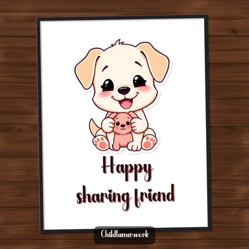 Funny Puppy Digital Art: a content puppy character happily shares a toy. Instant art for a sweet and funny gift.