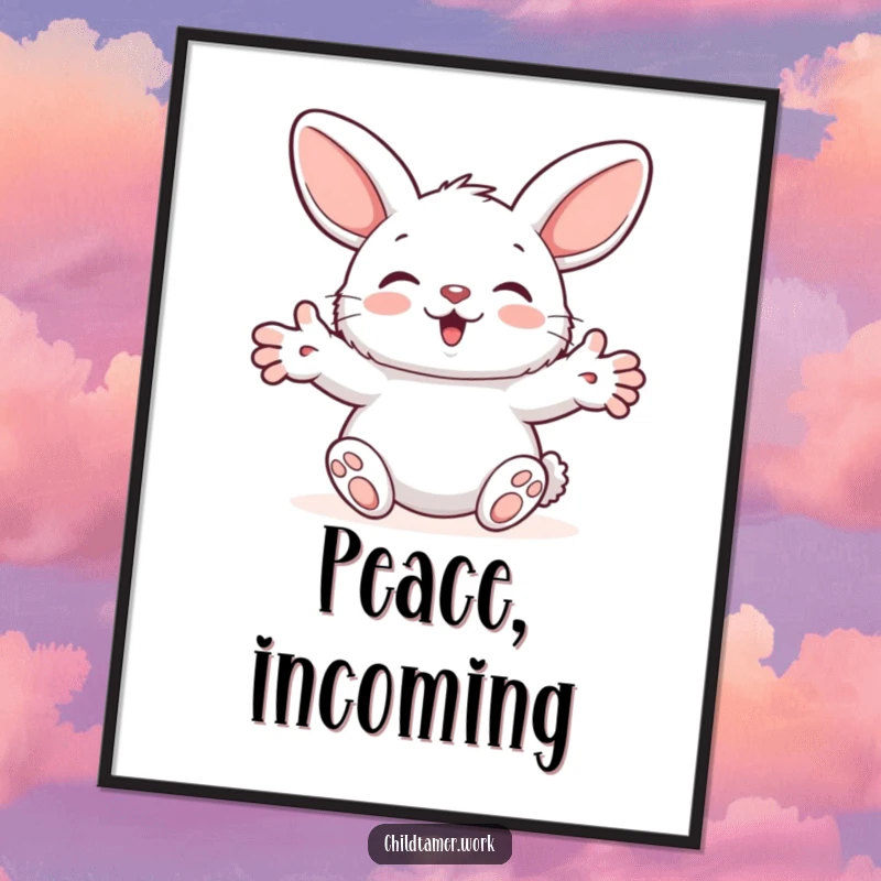 Funny Digital Art Print of a fluffy bunny character offering a humorous, comforting hug with its outstretched paws, ready for immediate display.
