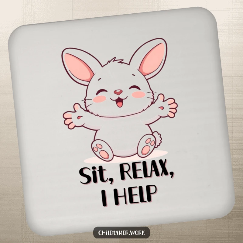 Funny Drink Coaster featuring a fluffy bunny character extending its paws in a humorous, comforting hug, protecting surfaces with style.