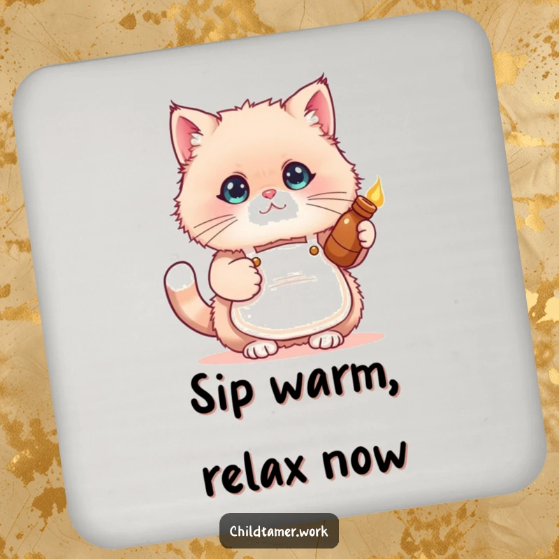 Funny cat apron drink coasters featuring a fluffy kitten in a tiny apron holding a warm bottle, protecting tables.