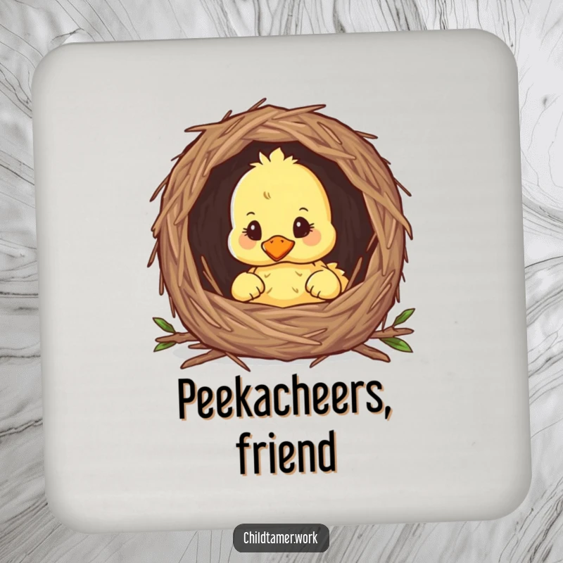 Funny duckling peeking from a nest on a drink coaster, cute and protective table accessory.