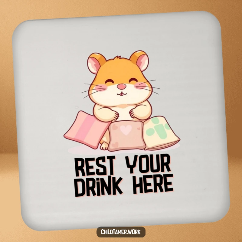 Funny Drink Coaster featuring a diligent hamster character humorously arranging small pillows, protecting surfaces with organized care.