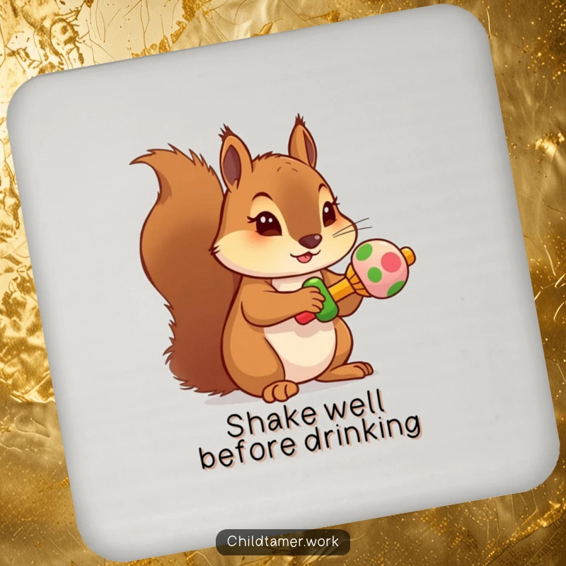 Funny squirrel rattle drink coasters featuring a determined character holding a miniature, colorful rattle, protecting tables.