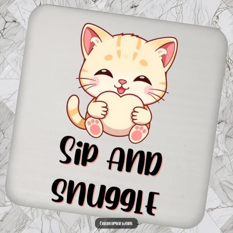 Funny kitten offering a soft comfort object on a drink coaster, cute and protective.