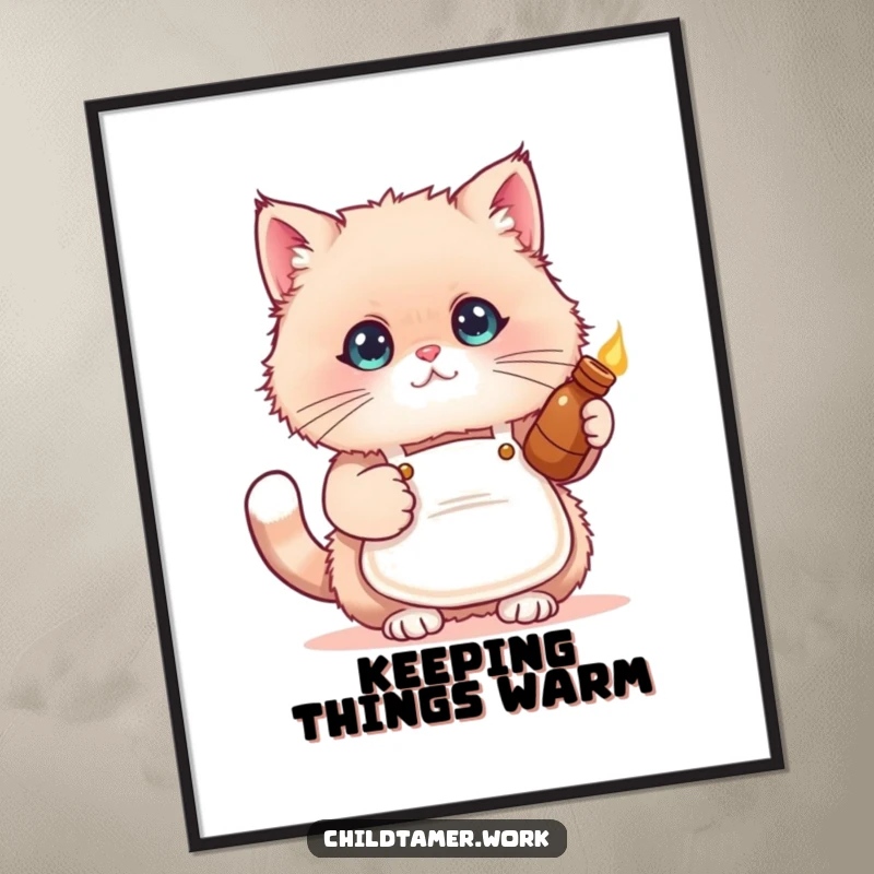 Funny cat apron poster art of a fluffy kitten in a tiny apron holding a warm bottle, perfect for decor.