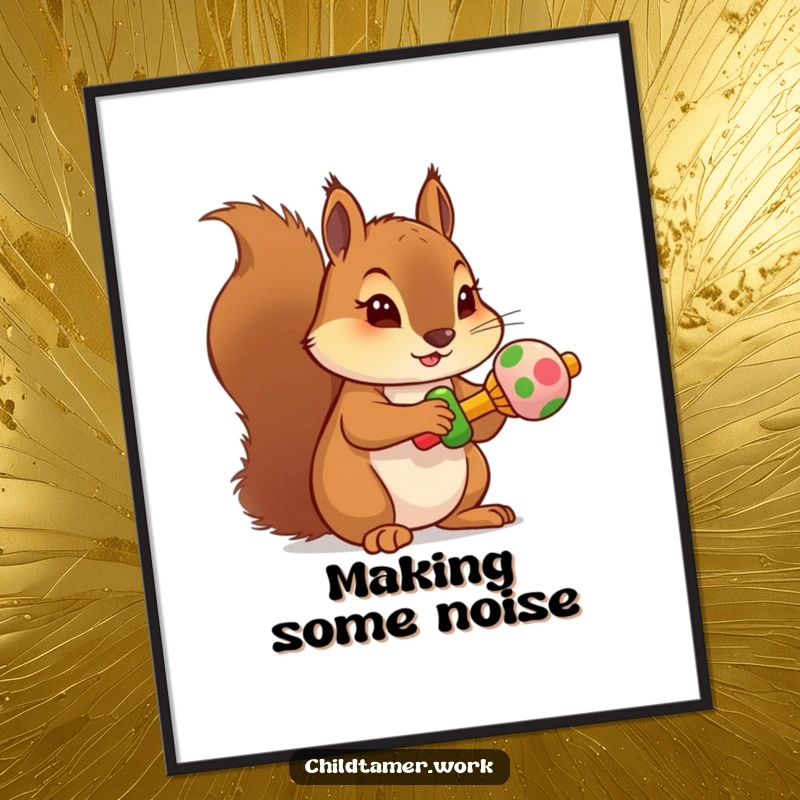 Funny squirrel rattle poster art of a determined character holding a miniature, colorful rattle, perfect for decor.