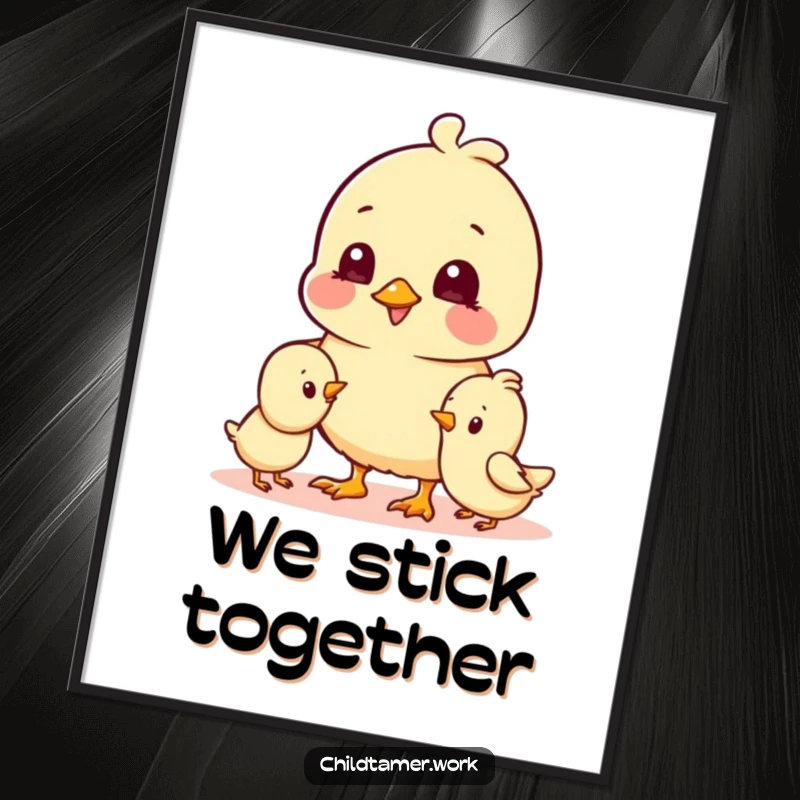 Funny Poster showcasing cheerful chick characters happily playing near each other, humorously capturing innocent joy and companionship.