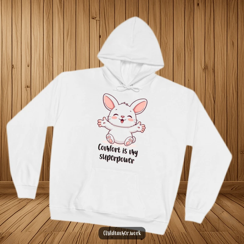 Funny Hoodie designed with a fluffy bunny character reaching out with paws, offering a humorous and cozy hug of comfort.