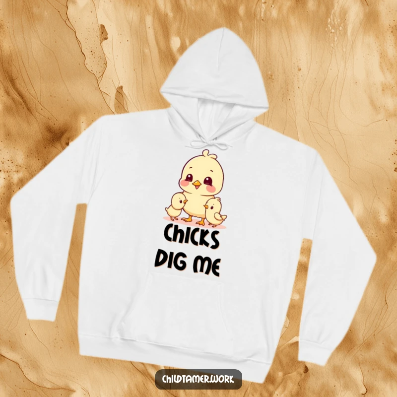 Funny Hoodie featuring a cheerful chick character playing near a smaller chick, radiating warmth, joy, and humorous companionship.