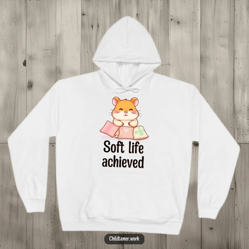 Funny Hoodie featuring a diligent hamster character carefully arranging small pillows, humorously representing dedication to creating a cozy space.