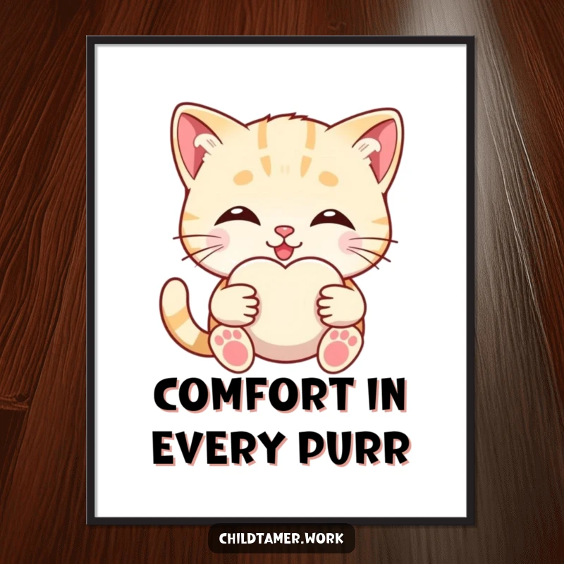 Funny Free Printable Wall Art: Smiling kitten offering a soft comfort object, bringing downloadable cuteness and cozy vibes to your room.