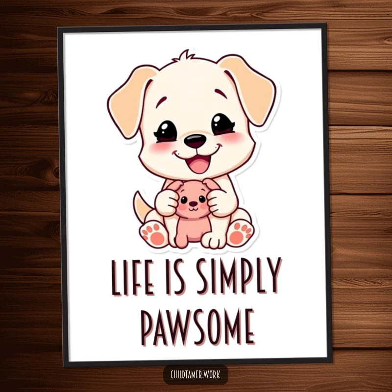 Funny Free Printable content puppy character happily sharing a small toy, creating heartwarming downloadable wall art.