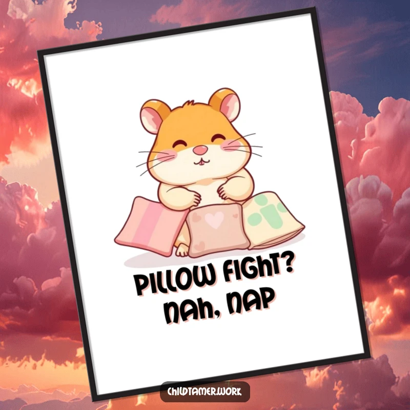 Funny Free Printable Wall Art: A diligent hamster character meticulously arranging small, neat pillows, creating a scene of cozy order, for download.