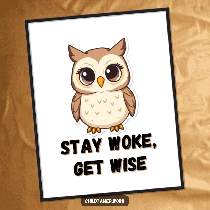 Funny Free Printable Wall Art: A nurturing owl character with wide, attentive eyes, observing the world with a hint of quirky wisdom, for download.