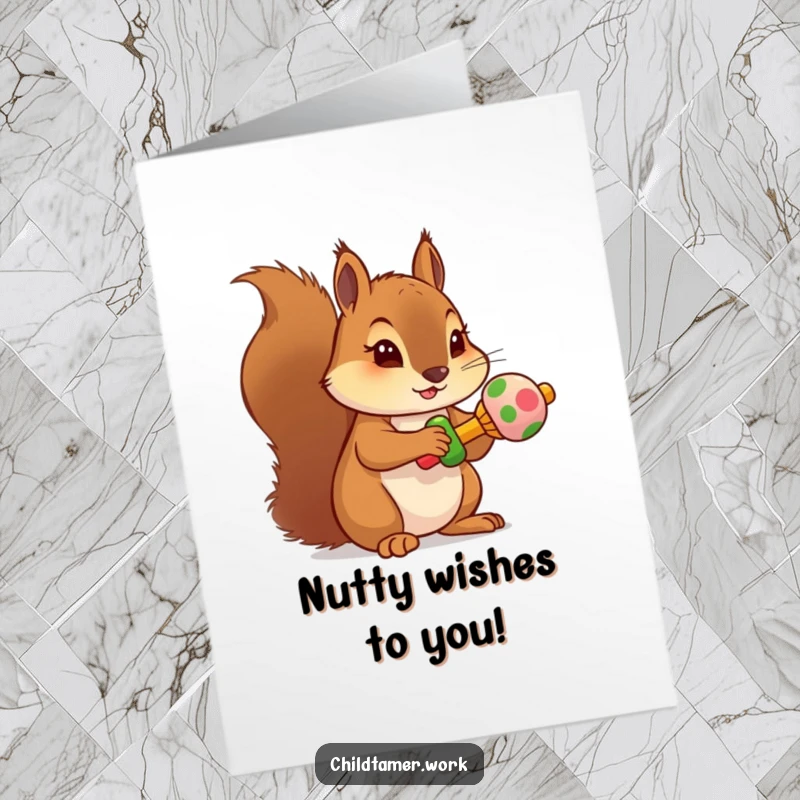 Funny Free Printable Birthday Card: A determined squirrel enthusiastically holding a small, colorful rattle, ready for celebration.
