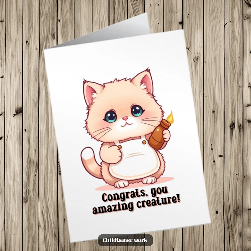 Funny Free Printable Congratulations Card: A comforting fluffy cat wearing an apron, offering a warm bottle with gentle care.