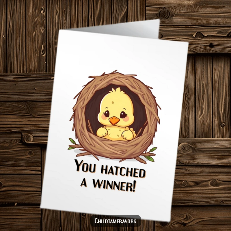 Funny Free Printable Congratulations Card: Curious duckling peeking from its nest, offering a cute and heartfelt congratulations download.