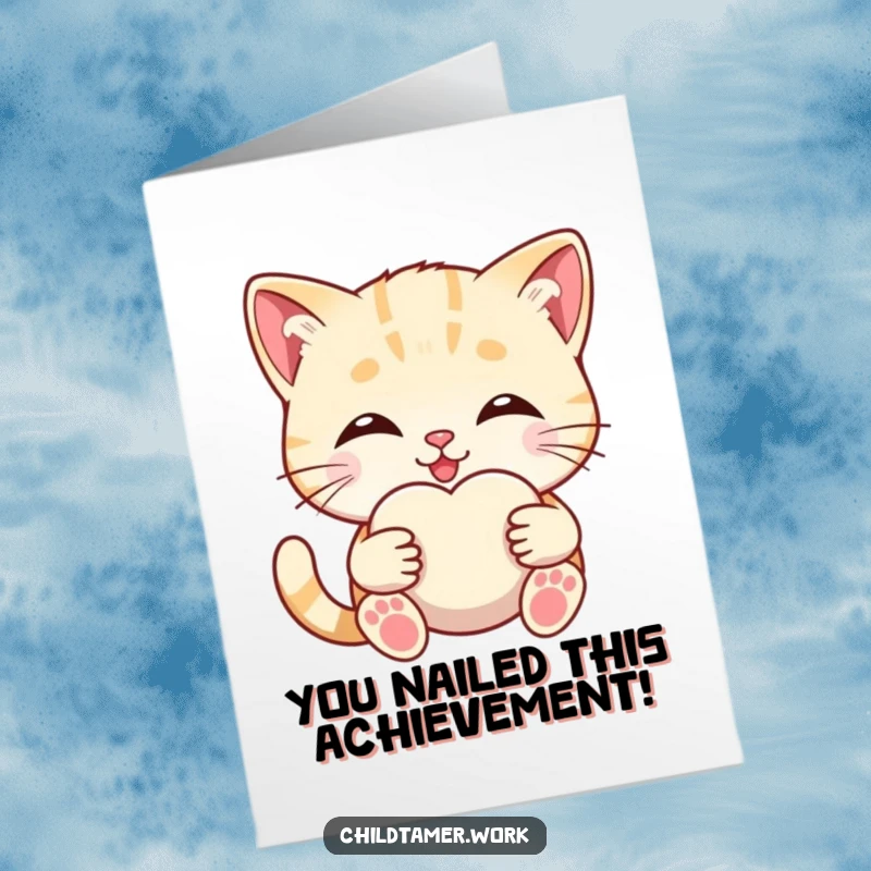 Funny Free Printable Congratulations Card: Smiling kitten holding a soft comfort object, sending sweet congratulations and downloadable support.