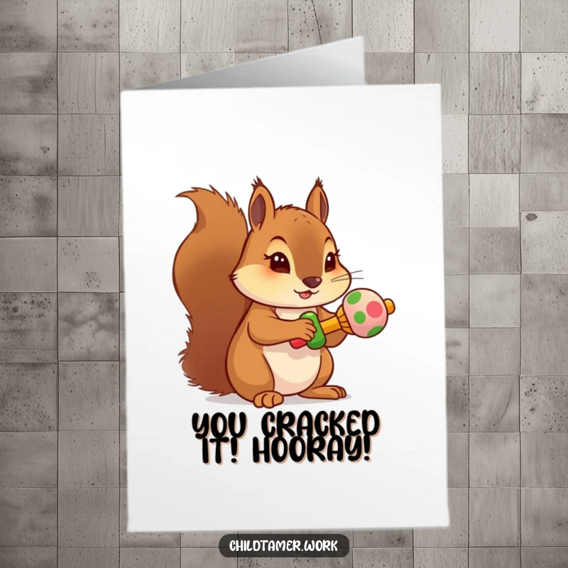 Funny Free Printable Congratulations Card: A focused squirrel holding a vibrant rattle, celebrating a successful achievement with gusto.