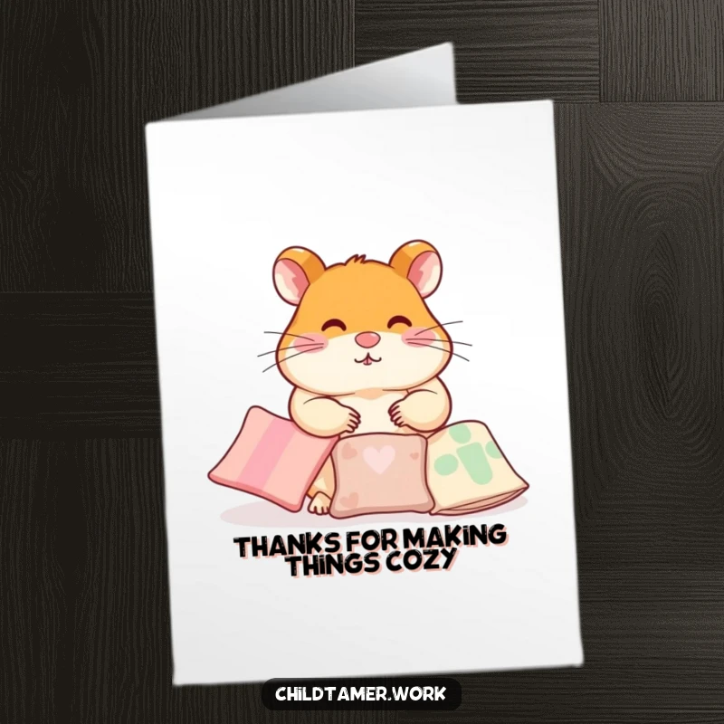 Funny Free Printable Thank You Card: A diligent hamster arranging small pillows, offering a cozy and heartfelt token of thanks, ideal for printing.