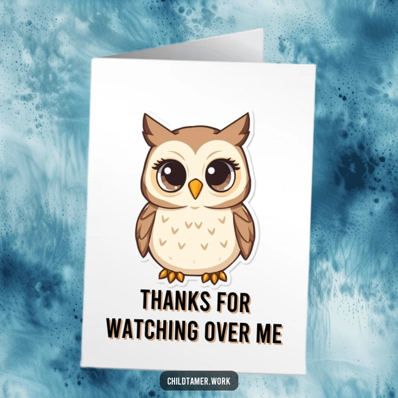 Funny Free Printable Thank You Card: An attentive owl with wide, observant eyes, looking gratefully towards the recipient, ideal for printing.