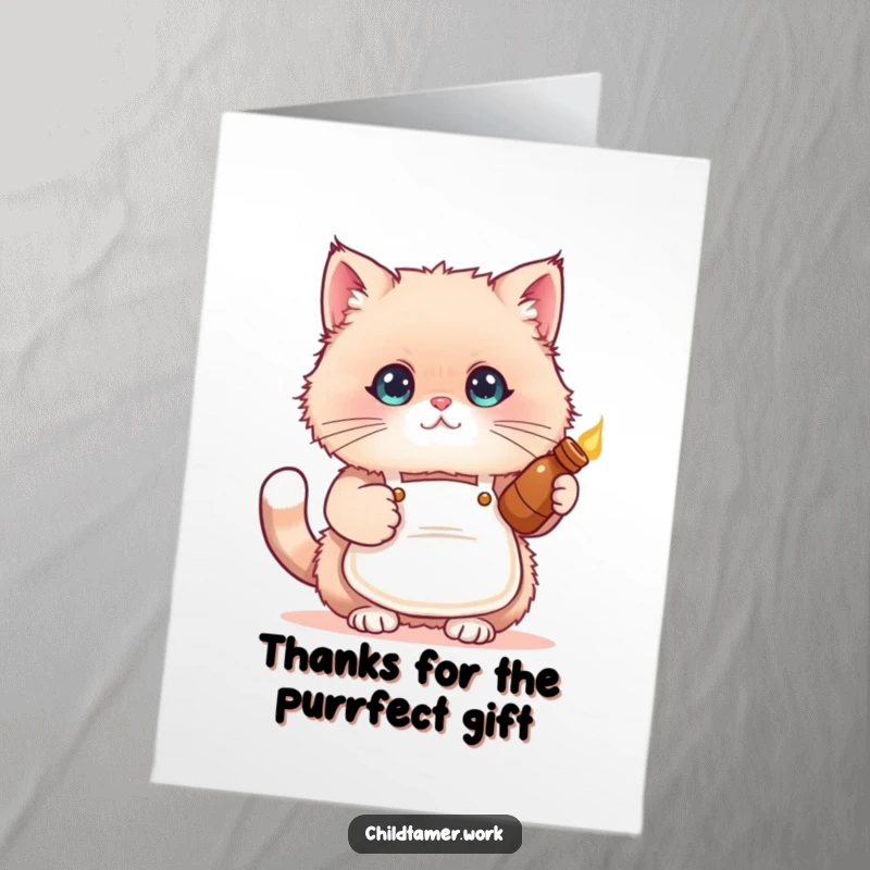 Funny Free Printable Thank You Card: A fluffy cat in a cute apron holding a warm bottle, conveying sincere thanks.