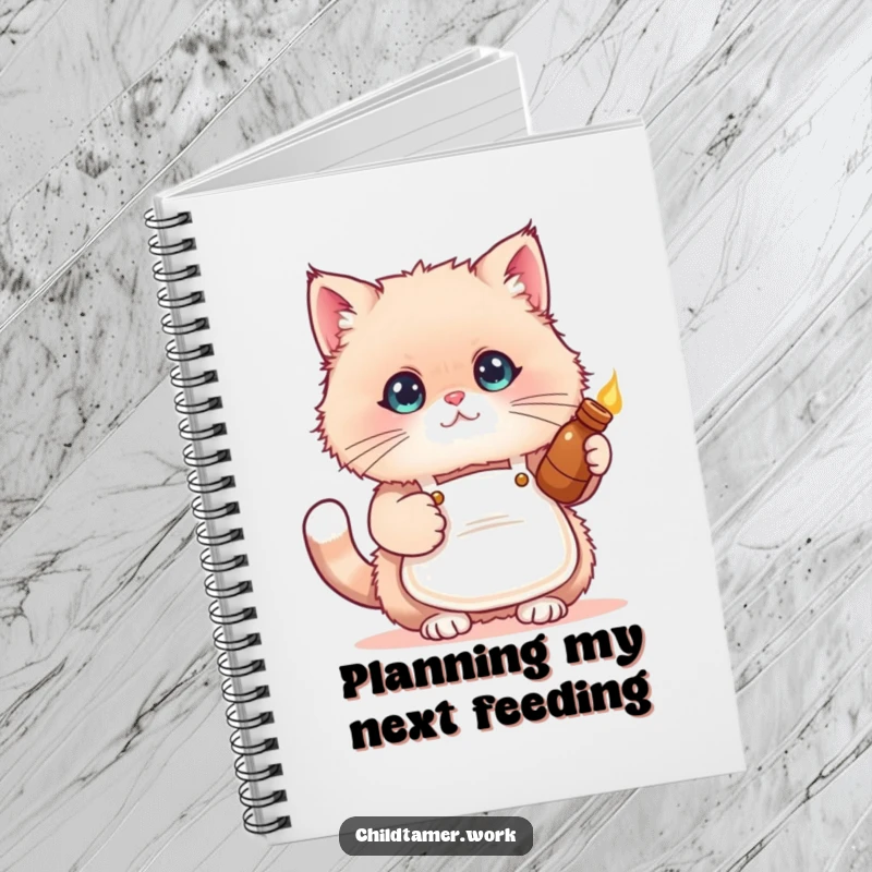 Funny cat apron notebook with a fluffy kitten wearing a tiny apron and holding a warm bottle on the cover.