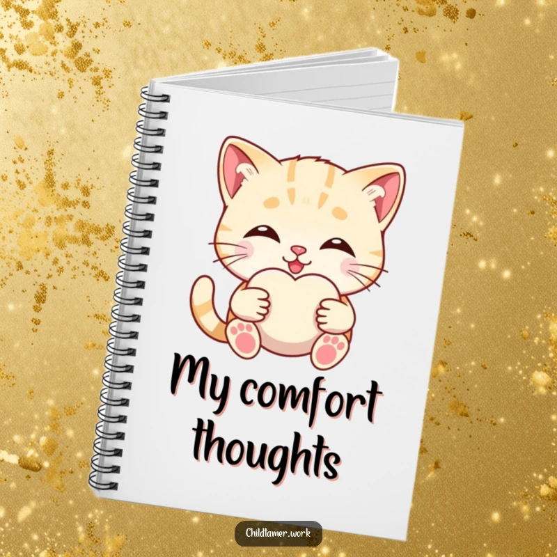 Funny smiling kitten offering a soft comfort object on a notebook, perfect for journaling.
