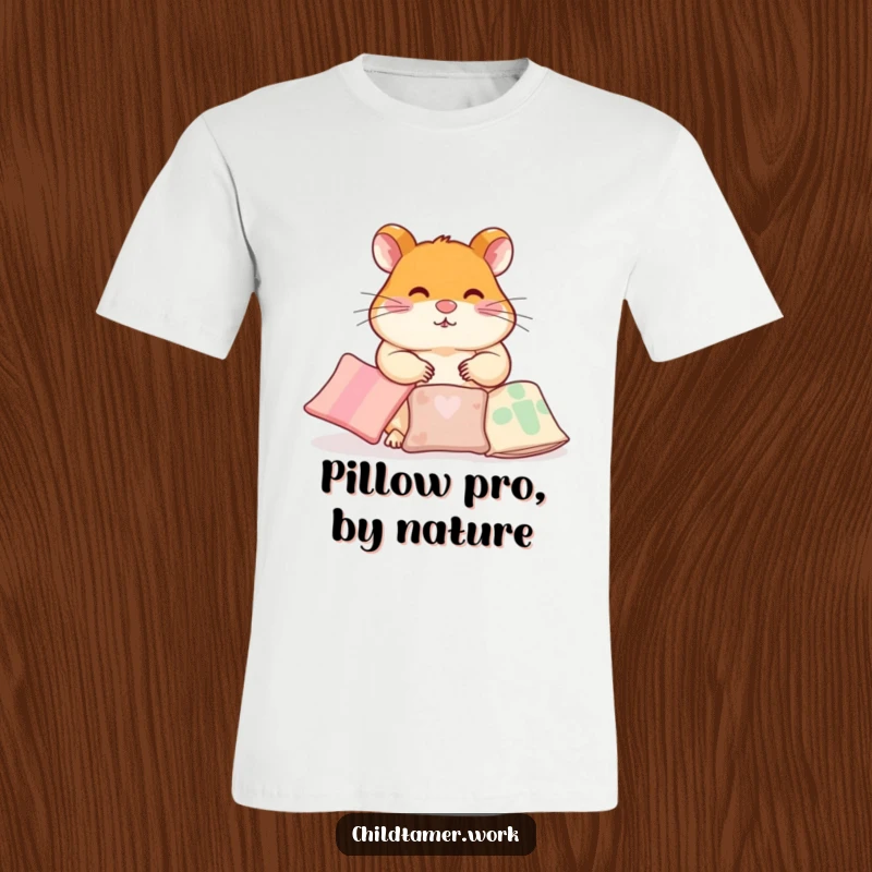 Funny T-Shirt depicting a diligent hamster character actively arranging small pillows, humorously showcasing a passion for order and comfort.