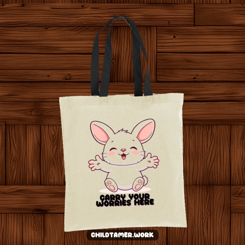 Funny Tote Bag with a fluffy bunny character offering a comforting, humorous hug with its outstretched paws, ready for errands.