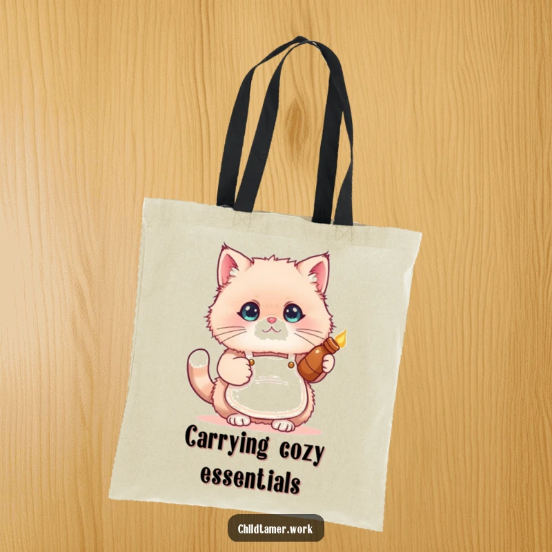 Funny cat apron tote bag with a fluffy kitten in a small apron holding a warm bottle, perfect for shopping.